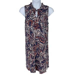 NIC+ZOE XL Blue Peach Batik Medallions‎ Sleeveless Ruffle Linen Dress Boho